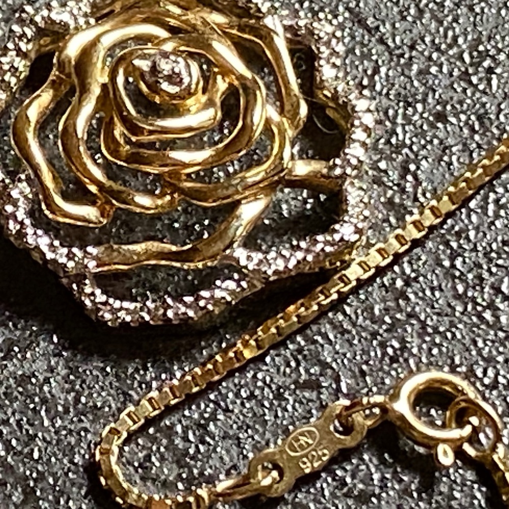 14K Gold Over Sterling Silver Flower Pendant With Diamond Accents - Picture 5 of 7
